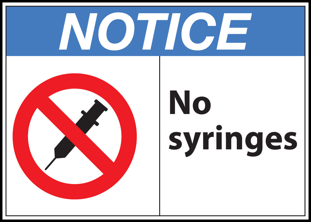 ZING Eco Safety Sign, NOTICE No Syringes, 7Hx10W, Recycled Plastic