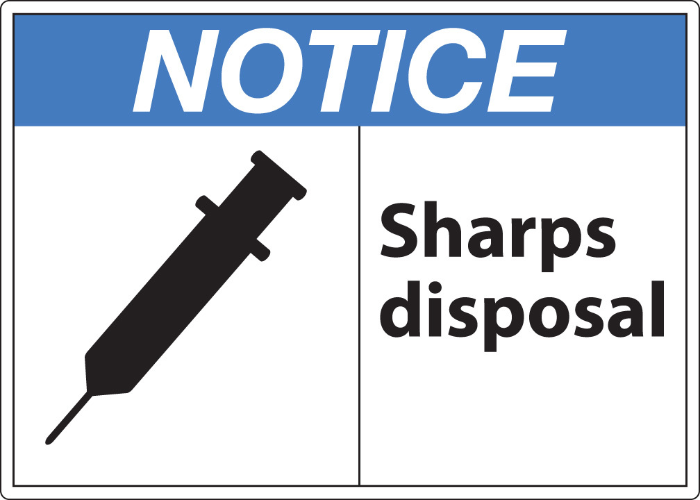ZING Eco Safety Sign, NOTICE Sharps Disposal, 7Hx10W, Recycled Plastic