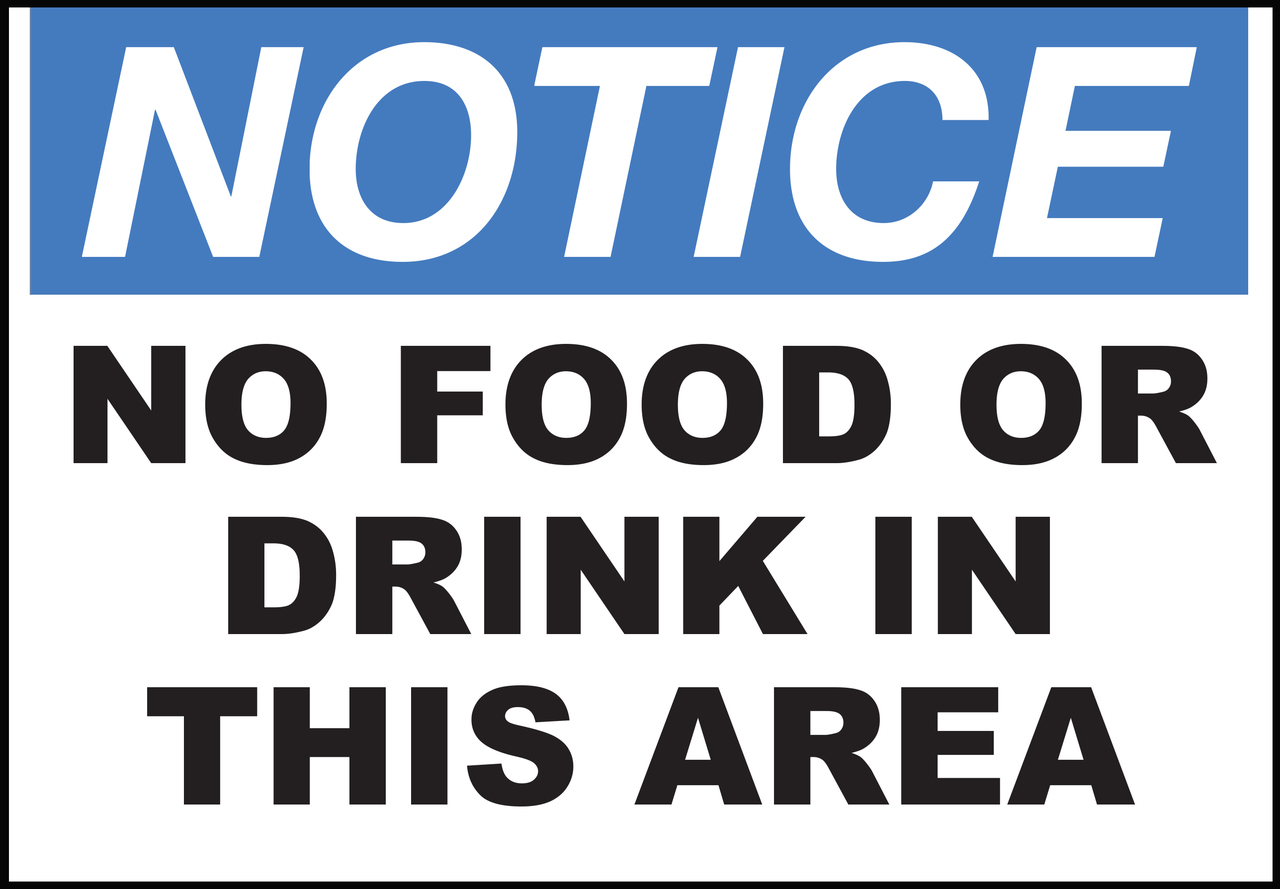 ZING Eco Safety Sign, NOTICE  No Food or Drink, 10Hx14W, Recycled Polystyrene Self-Adhesive
