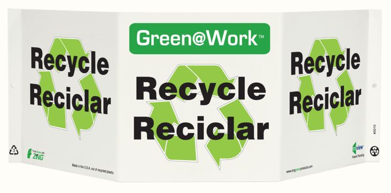 ZING Green at Work Tri-View Sign, Recycle w/Symbol (English/Spanish), 7.5Hx20W, Projects 5 Inches, Recycled Plastic    