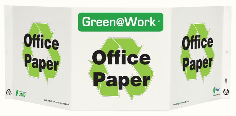 ZING Green at Work Tri-View Sign, Office Paper, Recycle Symbol, 7.5Hx20W, Projects 5 Inches, Recycled Plastic