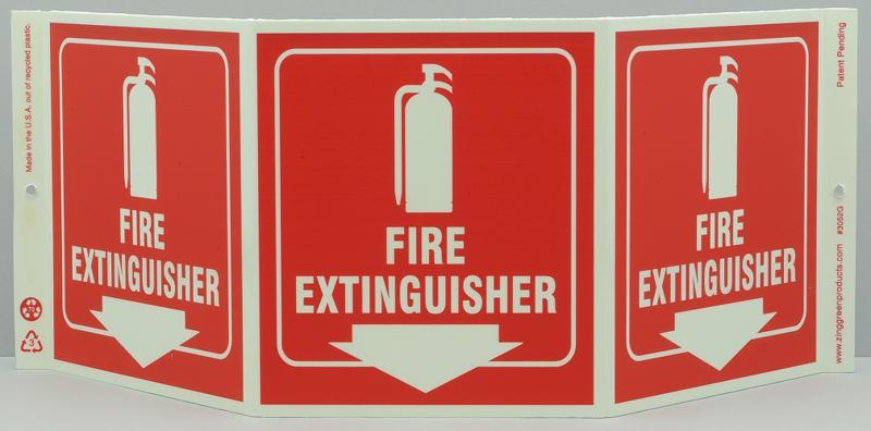 ZING Eco Safety Tri View Sign, Glow in the Dark, Fire Extinguisher, 7.5Hx20W, Projects 5 Inches, Recycled Plastic