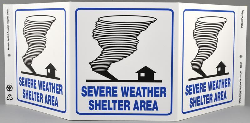 ZING Eco Safety Tri View Sign, Severe Weather, 7.5Hx20W, Projects 5 Inches, Recycled Plastic