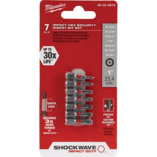 48-32-4619 Milwaukee Shockwave 7-Piece Hex Security Insert Impact Screwdriver Bit Set