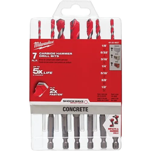 48-20-9057 Milwaukee Shockwave 7-Piece Large Carbide Masonry Drill Bit Set