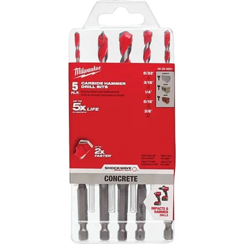 48-20-9051 Milwaukee Shockwave 5-Piece Carbide Masonry Drill Bit Set