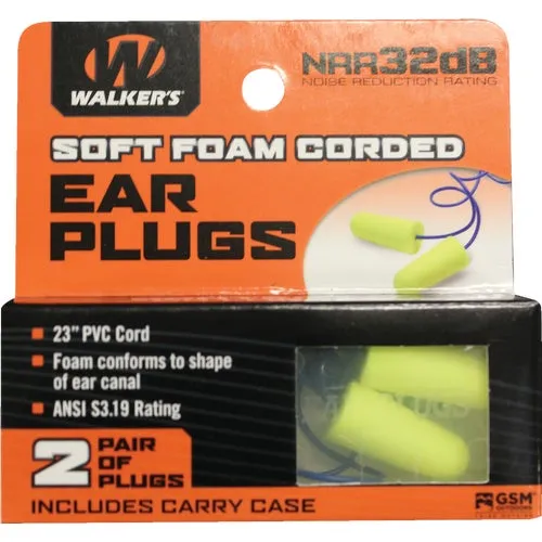GWP-EPCORD-YL Walkers Soft Foam Corded Ear Plugs