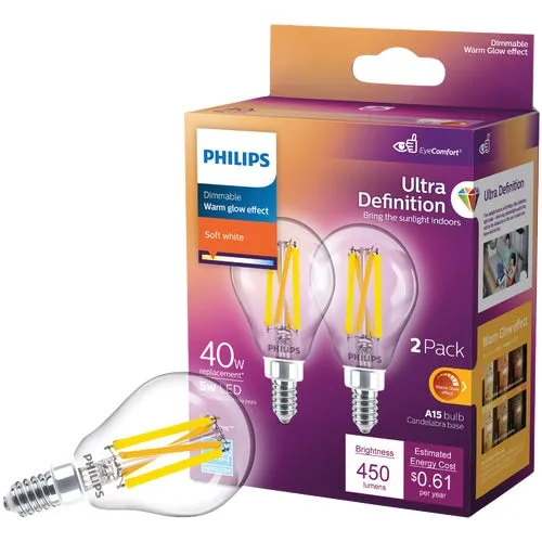 564450 Philips Ultra Definition Warm Glow A15 Candelabra Base LED Light Bulb